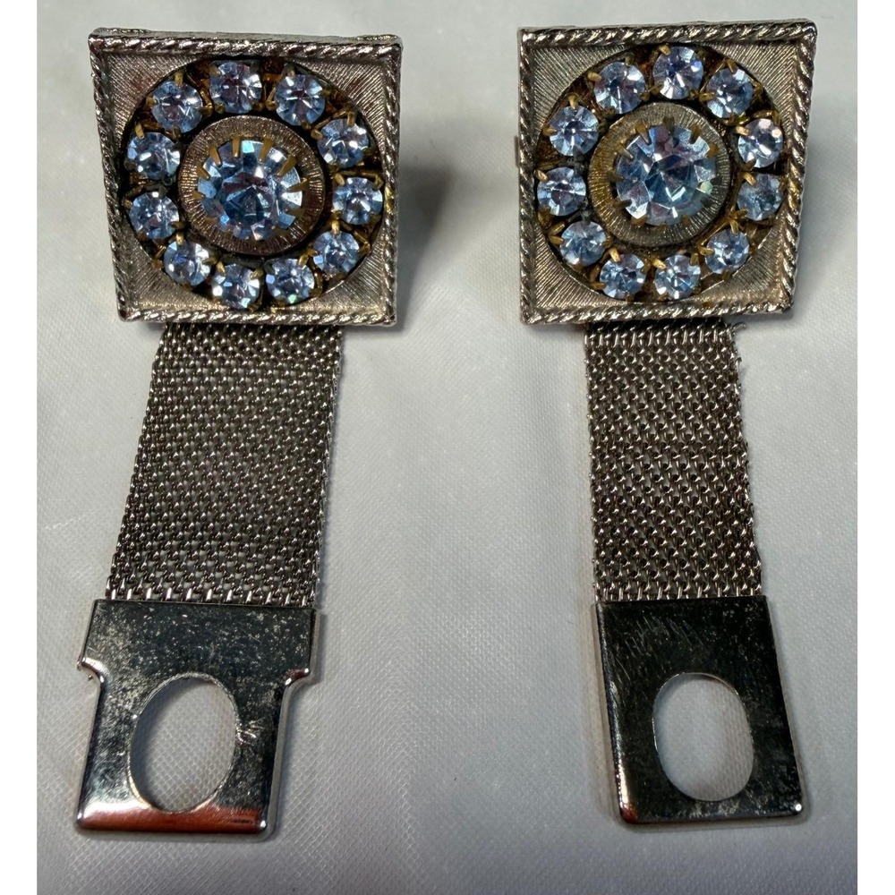 VTG‎ Silver Tone Blue Rhinestone Mesh Wrap Around Cufflinks Square Mid Century
